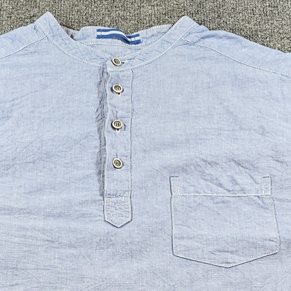 Caribbean Mens Large Blue Linen Blend Short Sleeve Henley Shirt Casual Top